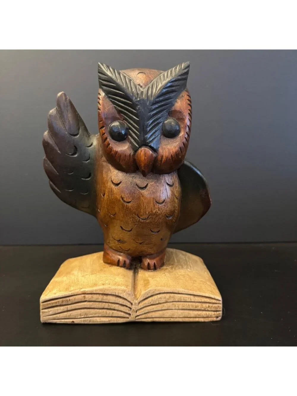 Handcrafted Carved Wooden Owl Figurine On Book Base 8 inches - Picture 1 of 11